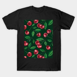 Red cherries on dark green T-Shirt